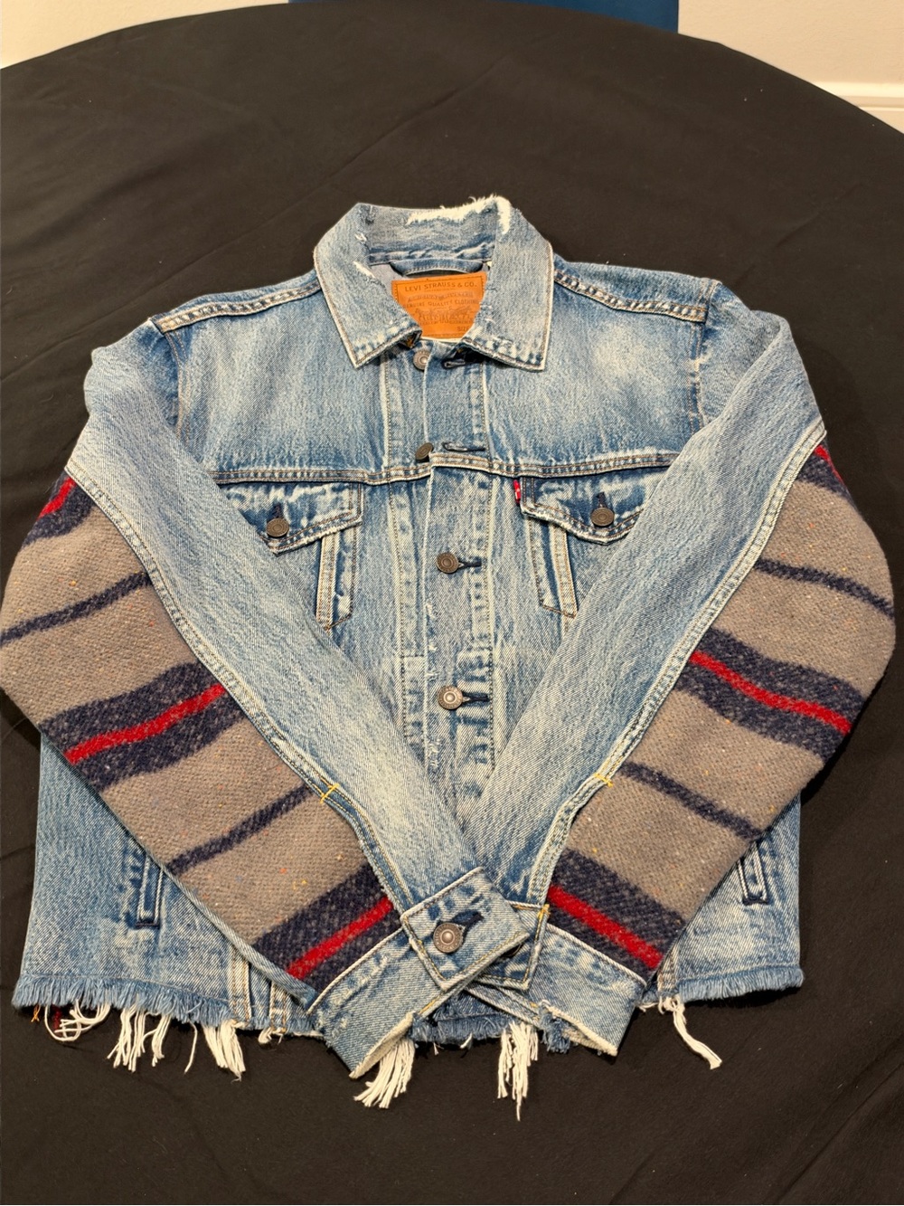 Levi's Light Blue Denim Jacket with Gray, Navy & Red Striped Knit Sleeves